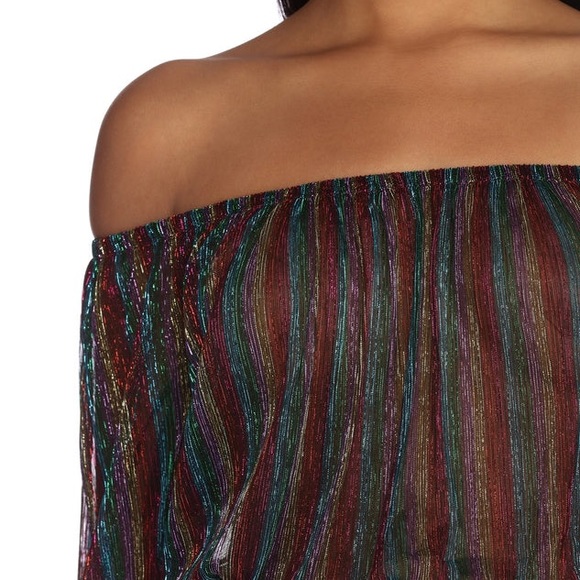 Windsor Black & Rainbow Striped Glitter Lux Off The Shoulder Cropped Blouse - Picture 5 of 14